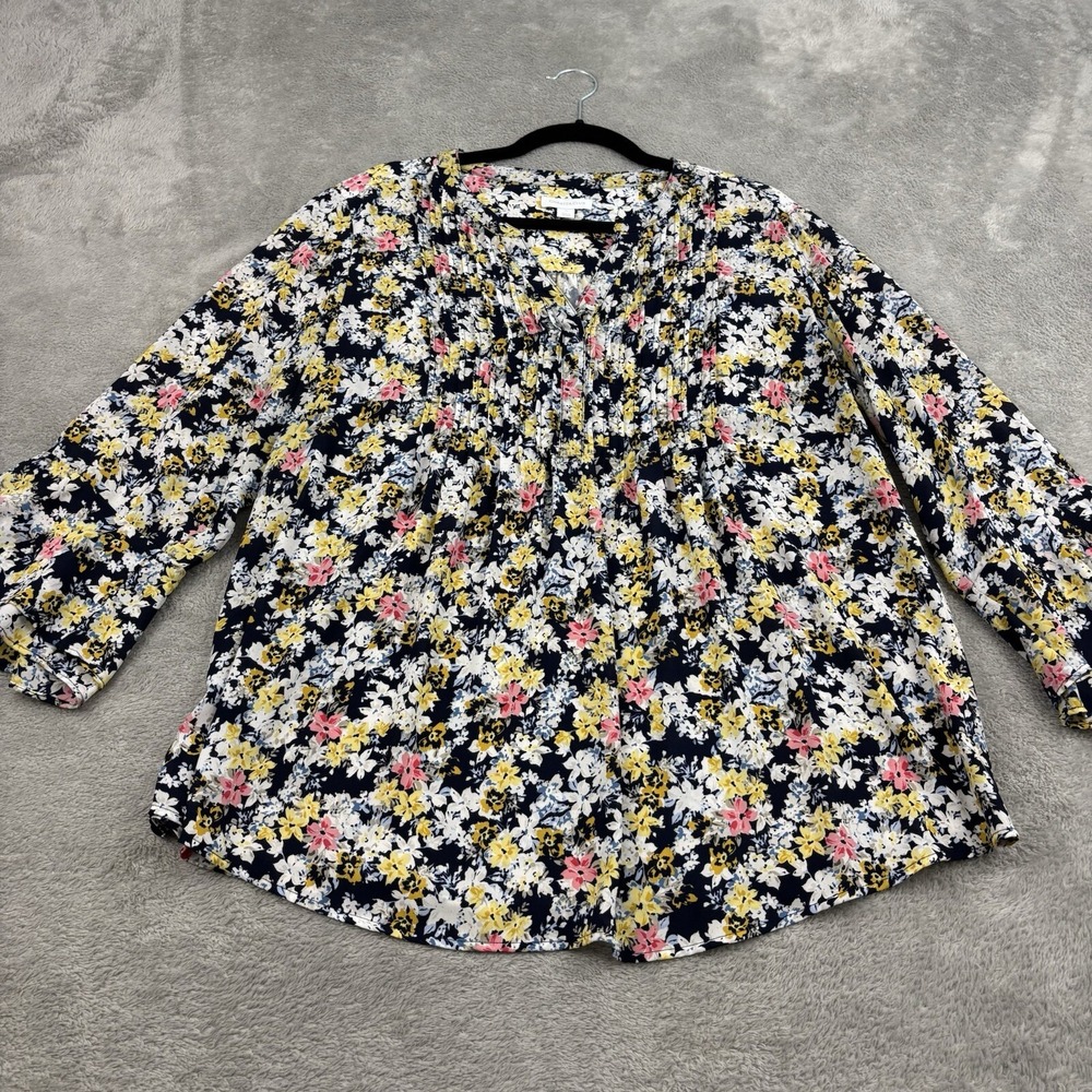 Charter Club Womens Micro Floral Multicolor Bell Sleeve Top 1X Pleated Boho Plus